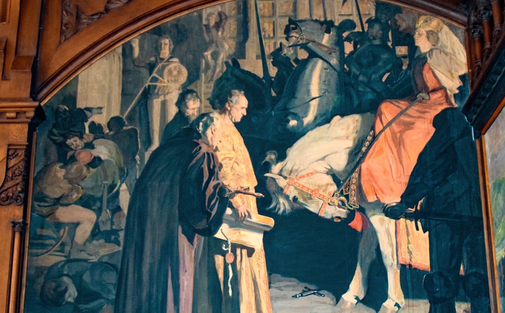 Äbtissin Hedwig von Sachsen (rechts auf dem Pferd) triumphiert 1477: Der Quedlinburger Rat unterwirft sich. Links im Hintergrund wird der Rolang von seinem Sockel gestürzt. Gemälde im Rathaus aus dem 19. Jahrhundert.