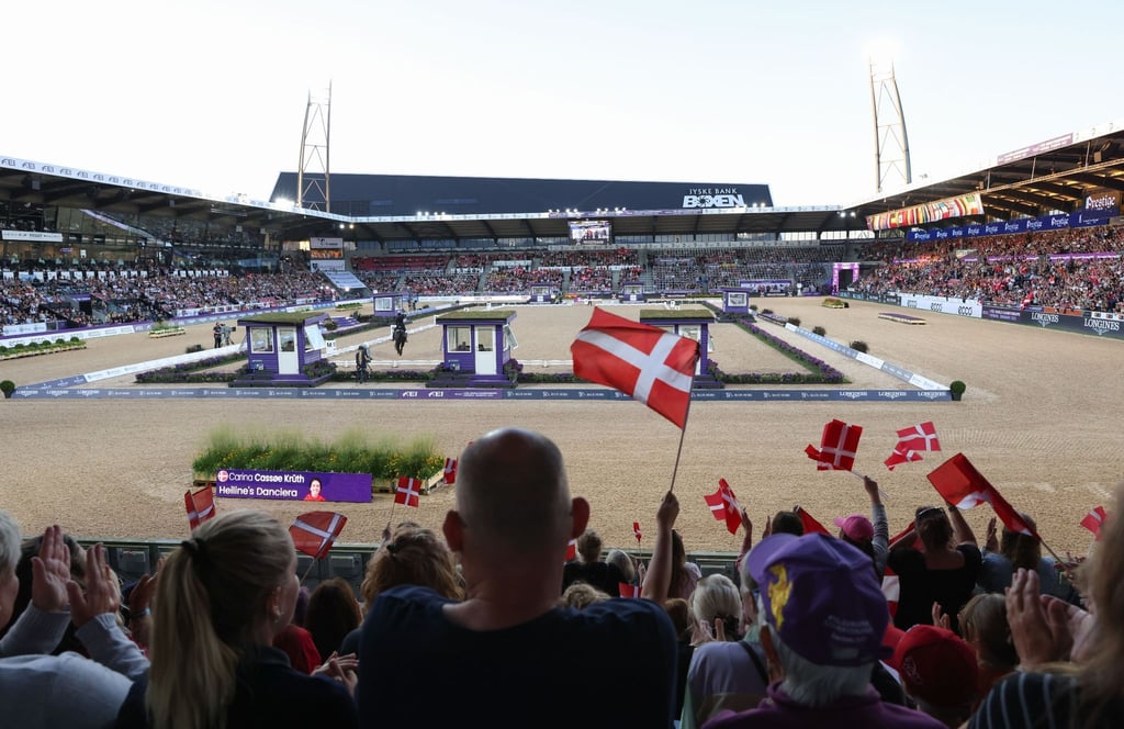 Beim Dressur-Einzel gab es für das deutsche Team nichts zu holen: Dänische Fans schwenken Fahnen beim Auftritt der Dänin Carina Cassøe Krüth.