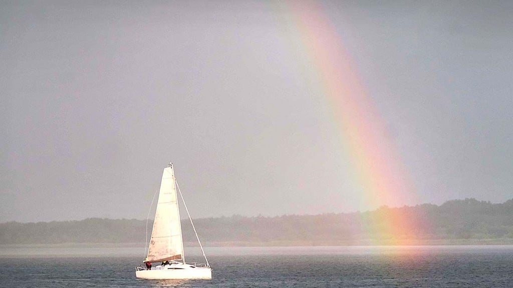 Ein Segelboot schippert im Bitterfelder Hafen Richtung Regenbogen