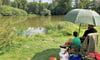 Im Weickelsdorfer Teich ist der Wasserstand um rund 30 Zentimeter gesunken. Angler lockt es trotzdem an das idyllische kleine Gewässer.