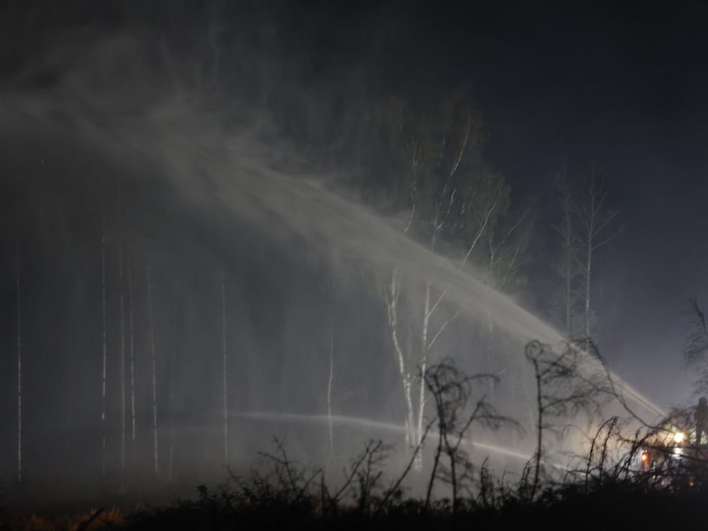 Einsatzkräfte der Feuerwehr löschen in der Nacht weiterhin die Glutnester im Wald ab.
