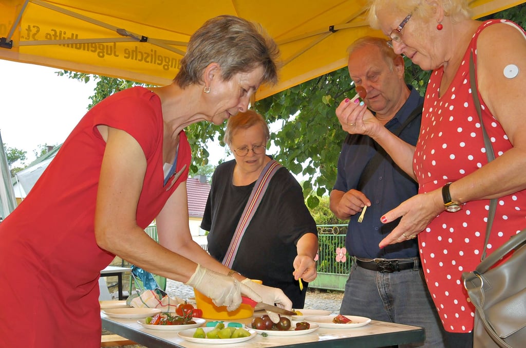 Hannelore und Detlef Schulz aus Peißen probierten beim Hoffest der Ökostation Neugattersleben am Stand von Bettina Gollnick die angebotenen Tomatensorten.