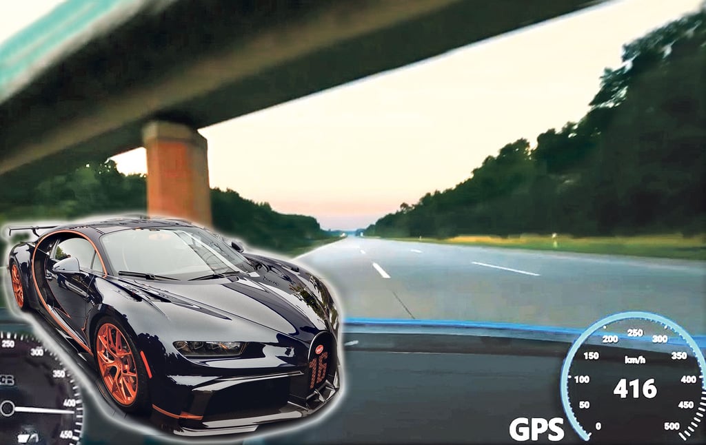 Nur ein km/h bis zur Spitze von 417 km/h zeigt diese Montage des Video-Screenshots mit einem baugleichen Bugatti Chiron. Der Multimillionär filmte die Fahrt in Sachsen-Anhalt und stellte das Video ins Internet.