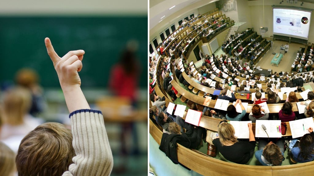 Illustration: Ein Schüler meldet sich im Unterricht (links) - Studenten im Hörsaal einer Universität.
