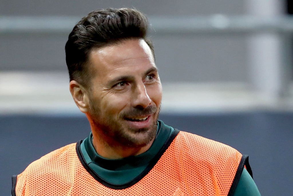 Bremens Claudio Pizarro steht am Spielfeldrand.