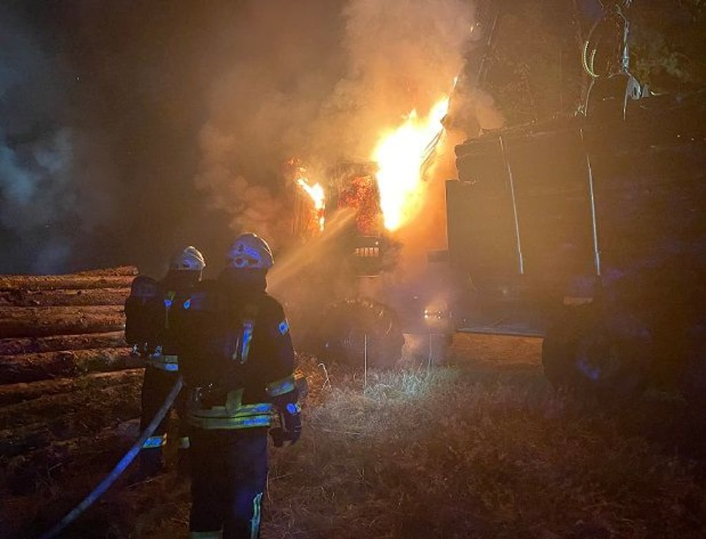Ein lauter Knall, und plötzlich fing ein Holz-Laster bei der L8 nahe Kemnitz am Mittwoch plötzlich Feuer. Foto: