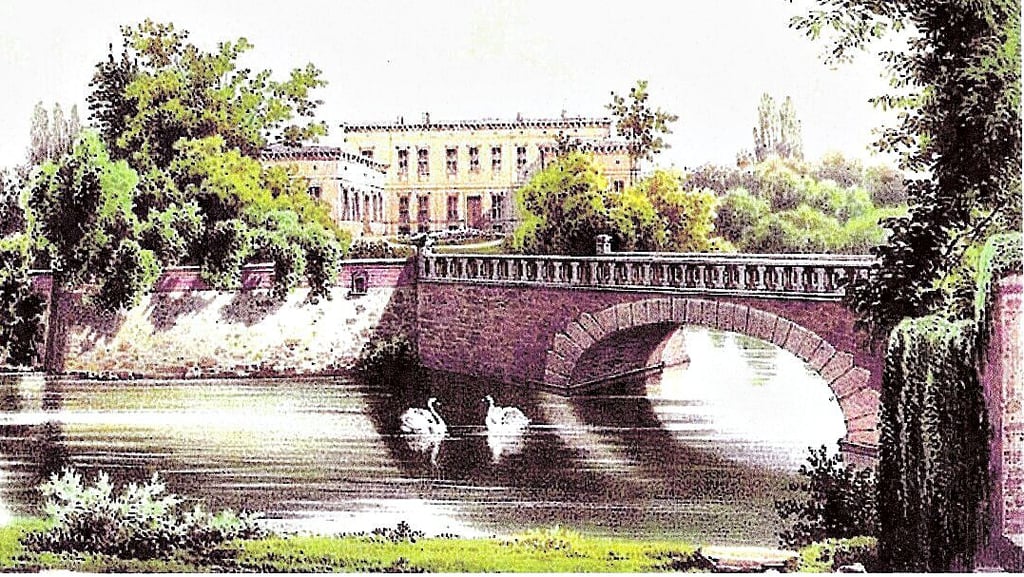 Die kolorierte Lithografie zeigt das Wasserschloss Angern um das Jahr 1848.