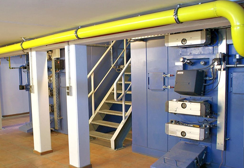 Blick auf die Ofenanlagen (unterer Teil) im Krematorium Perleberg. In Gelb leuchtet die Gasleitung.