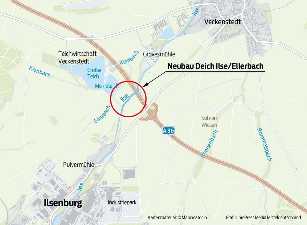 Der neue Deich zwischen Ilse und Ellerbach wird südlich der Autobahn 36 gebaut.