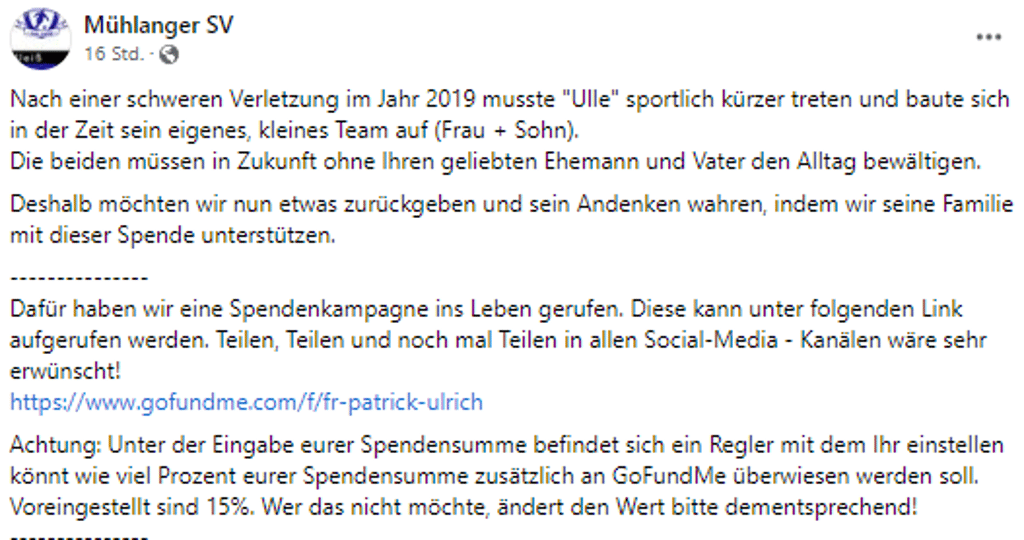 Der Facebook-Post des SV Mühlanger