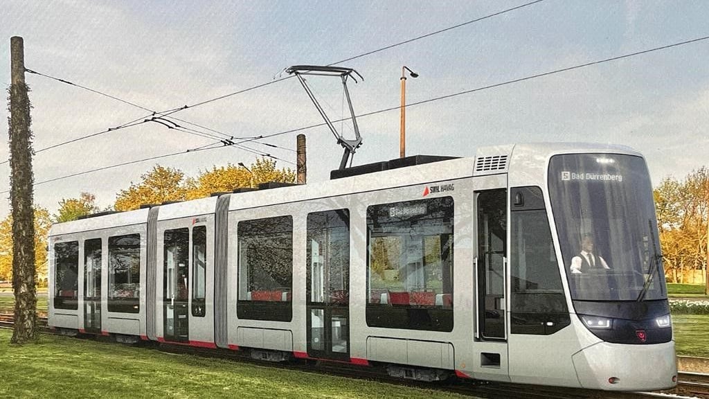 Die Visualisierung zeigt, wie die Straßenbahn Tina für Halle aussehen wird. Die Farbgebung ist noch nicht final.