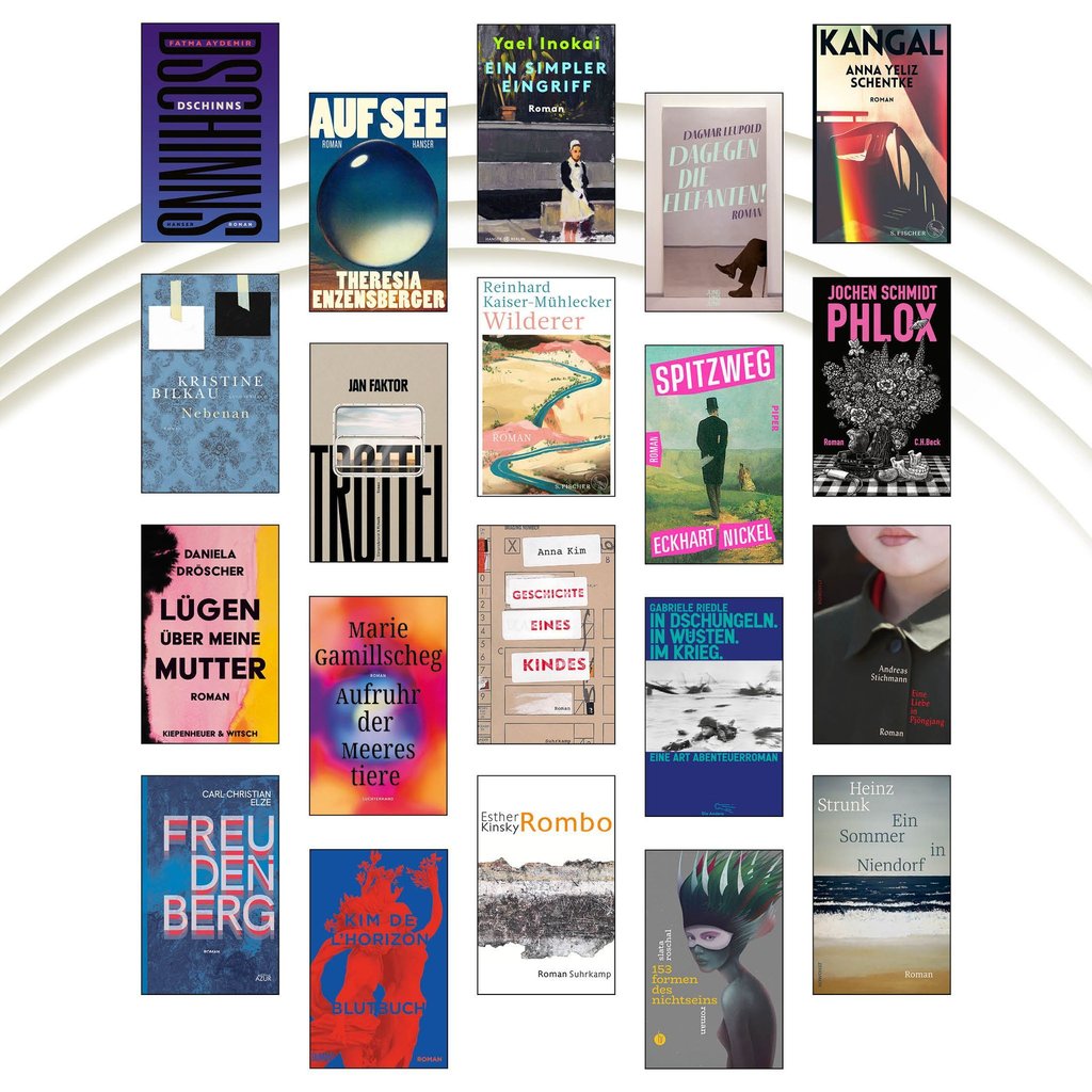 Collage der 20 Buchcover. Diese Titel haben es auf die Longlist für den Deutschen Buchpreis geschafft.