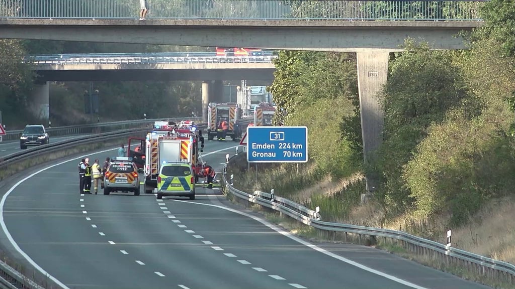 Feurwehrautos stehen auf der A31. Ein Waldbrand bei Dorsten hat zur Sperrung der Autobahn in Fahrtrichtung Norden geführt.