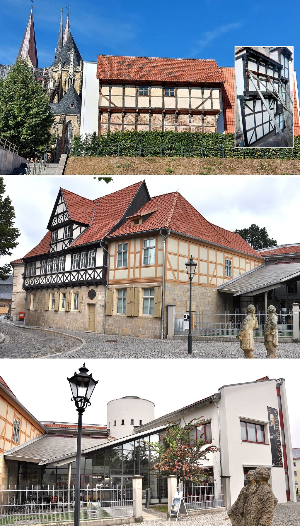 Ein Museum mit vier verschiedenen Fassaden soll das Gleimhaus werden. Drei gibt es dort bereits – das ehemalige Wohnhaus Gleims (Mitte), den modernen Erweiterungsbau (unten) und am Ostgiebel die erste gerettete Fachwerkfassade (oben). Rechts daneben soll später einmal eine zweite alte Fassade errichtet werden.