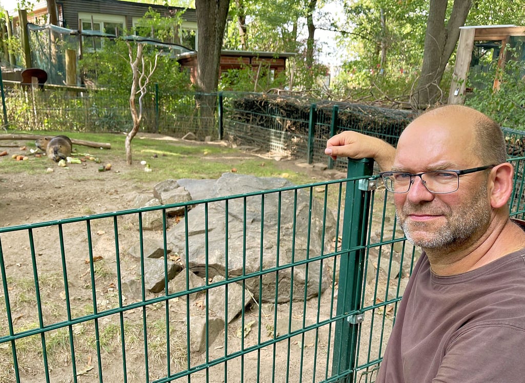 Matthias Willberg beobachtet die Nutria beim Mittagessen. Der Tierparkleiter am Bierer Berg ist froh, dass die Tiere einigermaßen gut mit der Hitze zurechtkommen. Dass immer mehr Bäume Probleme haben, bereitet ihm Sorgen.