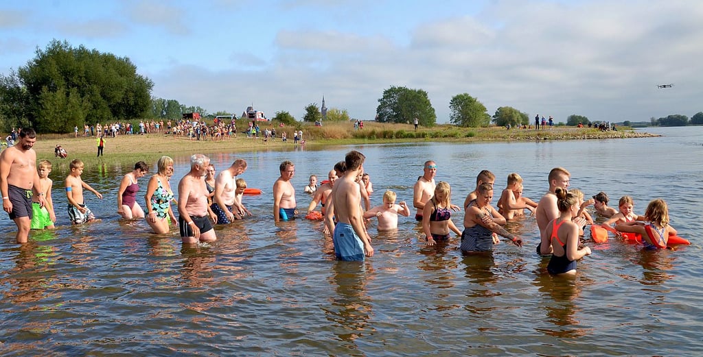 Die erste Gruppe geht in die Elbe. Wenige Minuten später steigen die Schwimmer drei, vier Buhnen flussabwärts am gegenüberliegenden Ufer an Land, gehen wenige hundert Meter flussaufwärts wieder ins Wasser und lassen sich zurück treiben.