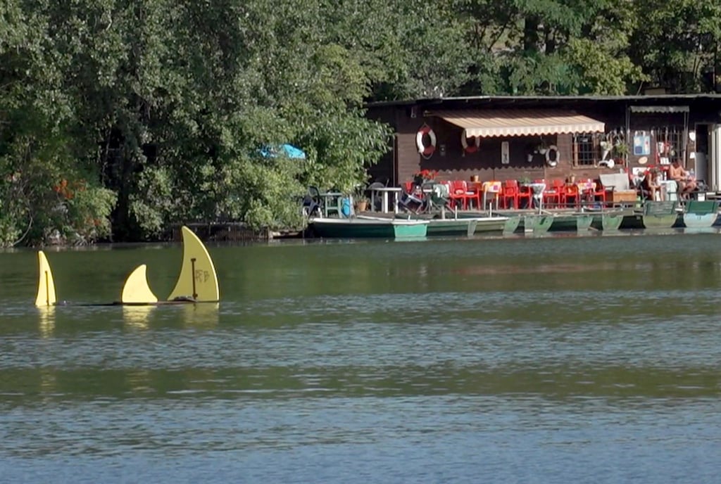 Das Standbild aus einem Video zeigt Aufsteller, die wie Flossen aus dem Wasser ragen.