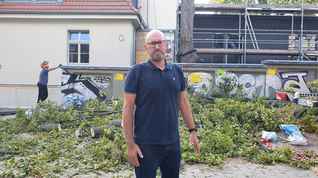 Stadtrat Wolfgang Aldag vor der abgesägten Linde im Advokatenweg.