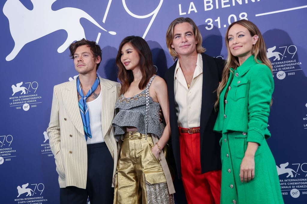 Harry Styles (l-r), Gemma Chan, Chris Pine und Olivia Wilde beim Fototermin für den Film „Don't Worry Darling“ während der 79. Ausgabe der Filmfestspiele von Venedig.
