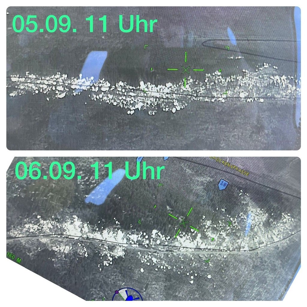 Die Luftaufnahmen zeigen, wie sich das Feuer unterhalb des Brockens innerhalb eines Tages ausgebreitet hat. Dabei brannte es vor allem unterirdisch. Auf den Bildern erkennbar sind die vielen hellen Glutnester, die auch im Boden glimmen.