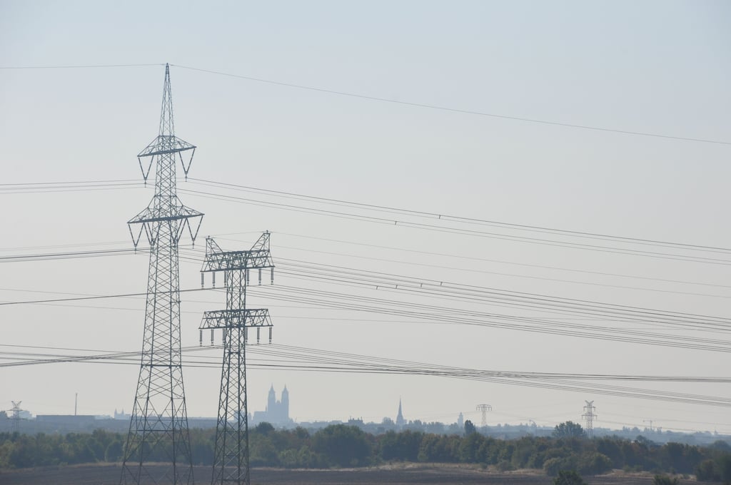 Stromleitungen vor der Silhouette Magdeburgs.