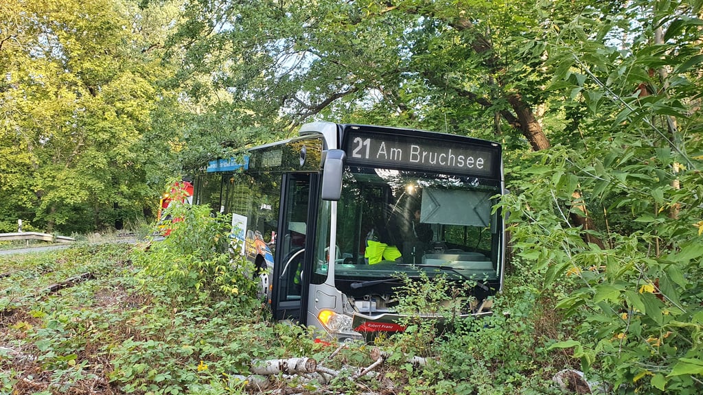 Der Bus ist in den Graben am Rand der Dölauer Heide gerutscht.