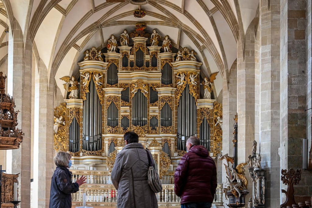 Besucherinnen und Besucher stehen vor der Ladegastorgel.