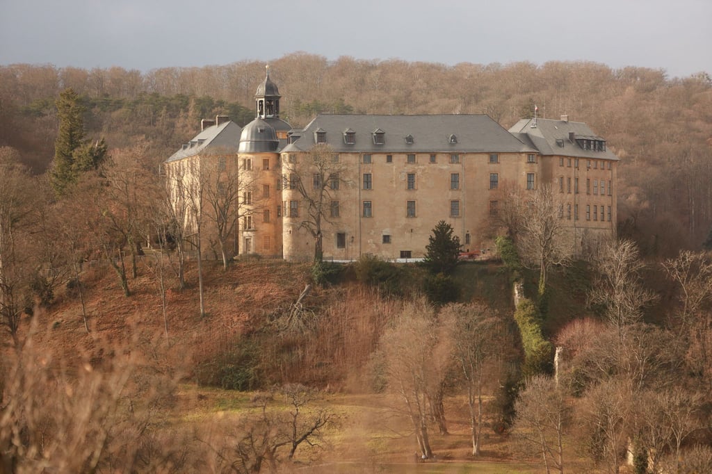 Blick auf das Schloss in der Herbstlandschaft.