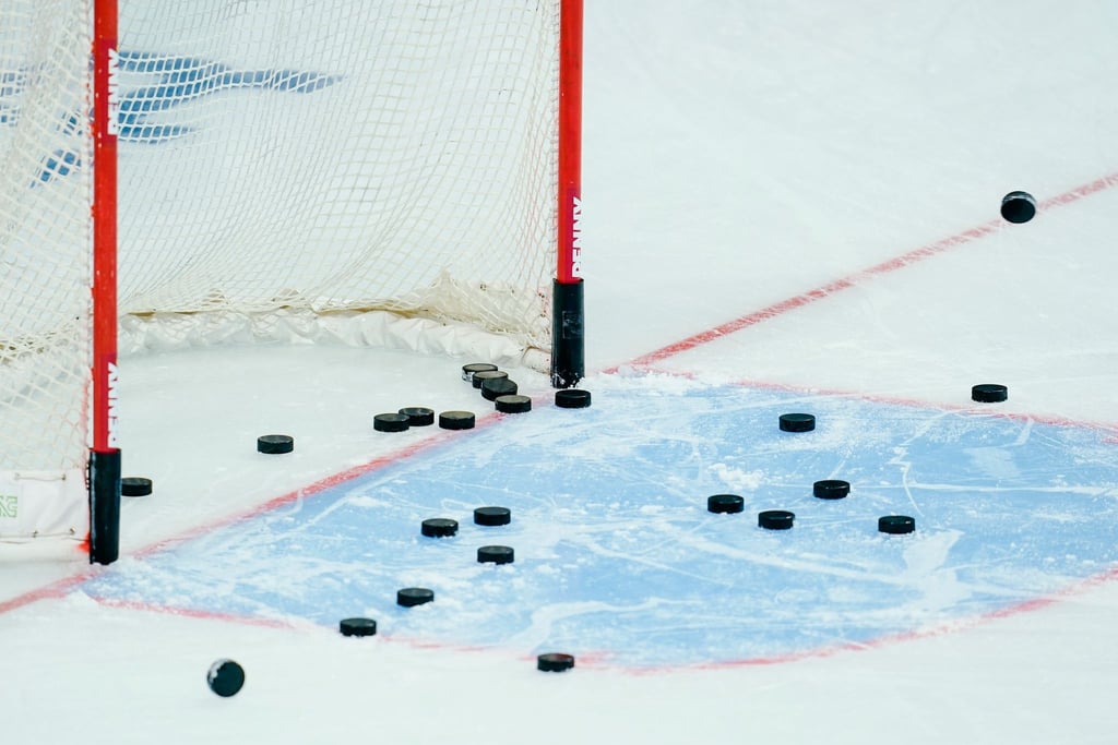 Eishockey-Pucks liegen im Torraum.