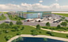 So könnte das zukünftige Logistikzentrum im Gewerbepark in Könnern aussehen. Bei dem Bild handelt es sich um einen Vorentwurf. 