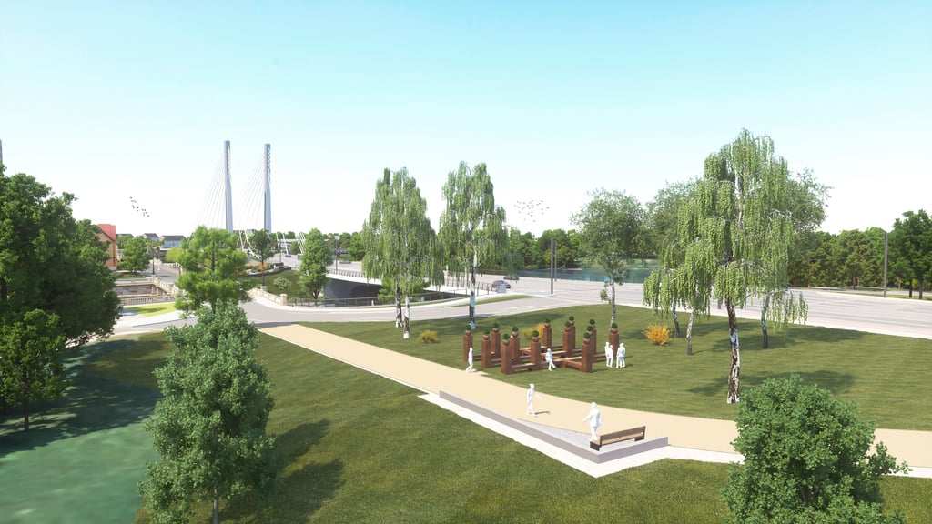Im Hintergrund die neue Pylonbrücke über die Elbe: Neben dem Magdeburger Strombrückenzug soll das Denkmal Magdeburger Recht errichtet werden.