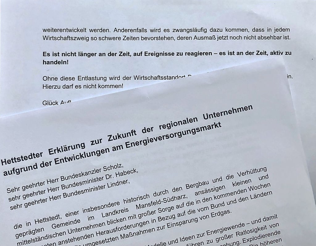 Unternehmen und städtische Einrichtungen aus Hettstedt haben sich angesichts der Energiekrise mit einem Brandbrief an die Regierung gewandt.