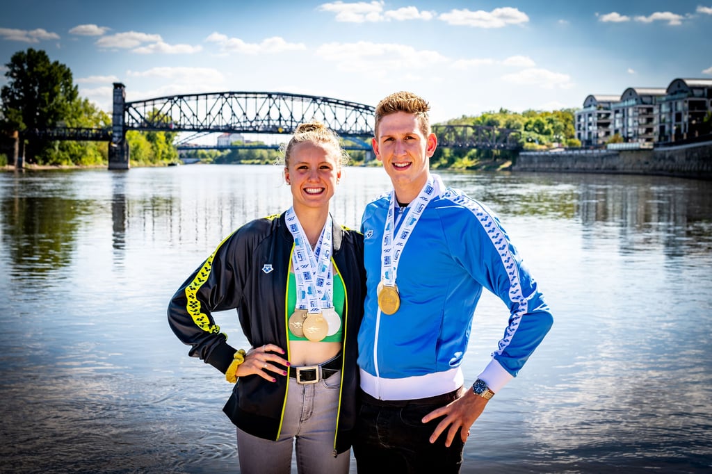 Schwimmpaar in Magdeburg: Isabel Gose und Lukas Märtens sind in der Elbmetropole nicht nur sportlich zu Hause.