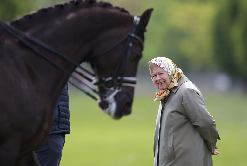 Die britische Königin Elizabeth II. betrachtet bei der Royal Windsor Horse Show ein Dressurpferd (2019).