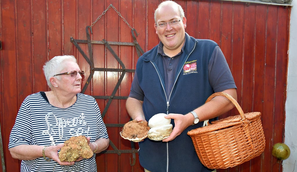 Dagmar Stange und Jens Dockhorn aus Hecklingen, hier mit einer Krause Glucke und einem Birkenporling, gehören zu den insgesamt sechs ehrenamtlich tätigen Pilzsachverständigen im Salzlandkreis, die den Pilzsammlern mit Rat und Tat zur Seite stehen und sie fachlich beraten.