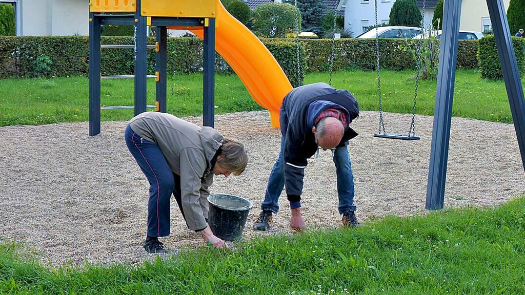 Ehrenamtliche packen im Rahmen der Gräfenhainicher Freiwilligenwoche mit an, um den Spielplatz „Am Barbarasee“ von Unkraut zu befreien.