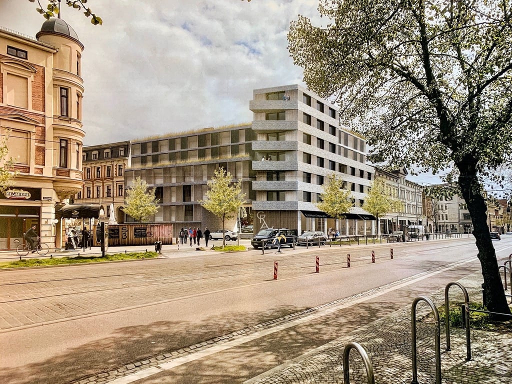 So könnte das neue Kiez auf dem Gravo-Druck-Gelände am Reileck in Halle aussehen. Die finale Gestaltung der Gebäude steht noch nicht fest. Die Visualisierung zeigt die Ansicht von der Reilstraße aus.