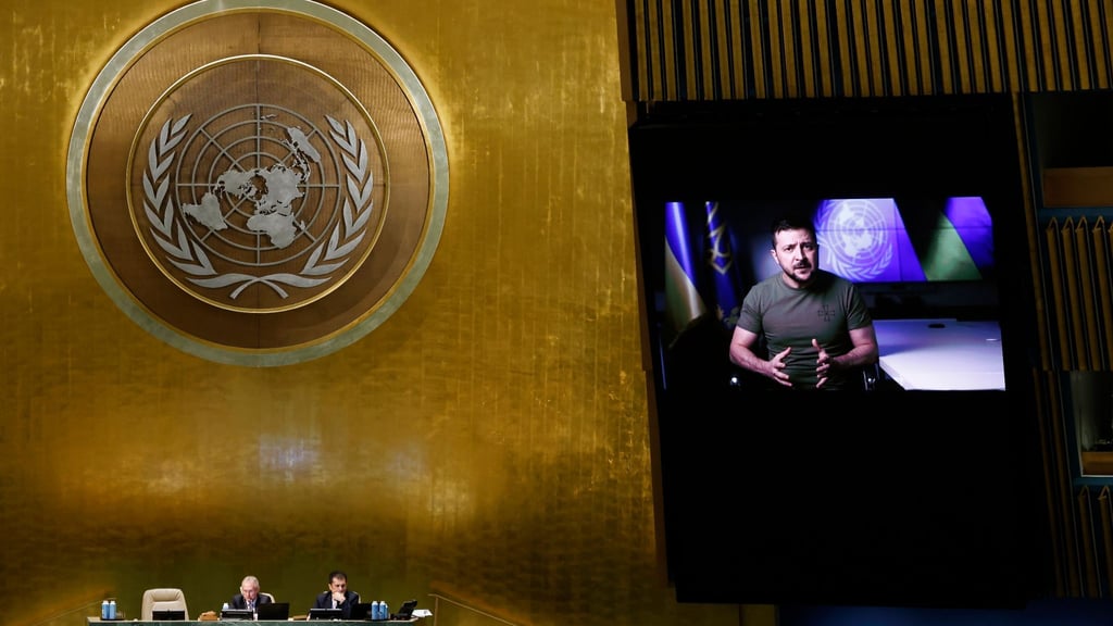 Der ukrainische Präsident Wolodymyr Selenskyj spricht auf der 77. Generaldebatte der Vereinten Nationen.