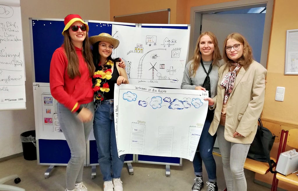 Im CJD fand in dieser Woche das Projekt Zukunftslotsen statt. Das Szenario: Nach einem Urlaub kehren Nathalie Dreß (von links), Jolina Schimske, Jenna Becker und Jette Weißenburg nach Deutschland zurück und landen in der Zukunft.