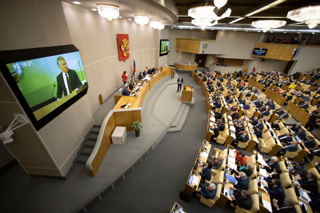 Wjatscheslaw Wolodin, Sprecher der Staatsduma, des russischen Unterhauses, spricht in der russischen Staatsduma.