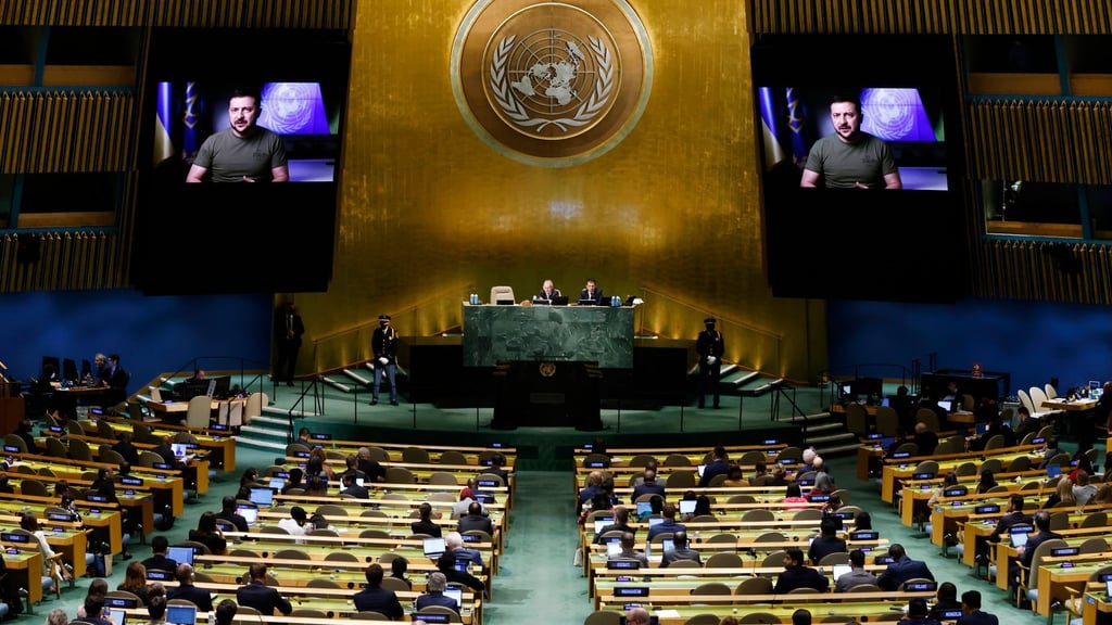 Der ukrainische Präsident Wolodymyr Selenskyj spricht vor den Vereinten Nationen.