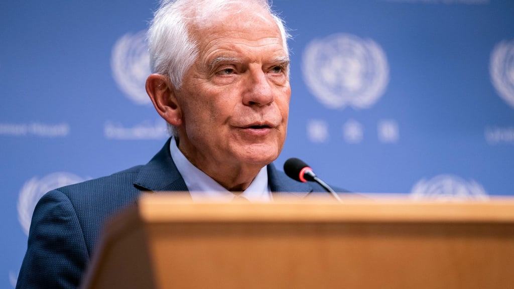 Der EU-Außenbeauftragte Josep Borrell spricht während einer Pressekonferenz im Hauptquartier der Vereinten Nationen.