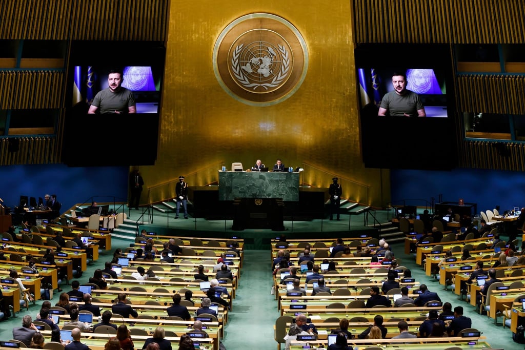 Der ukrainische Präsident Wolodymyr Selenskyj spricht vor den Vereinten Nationen.