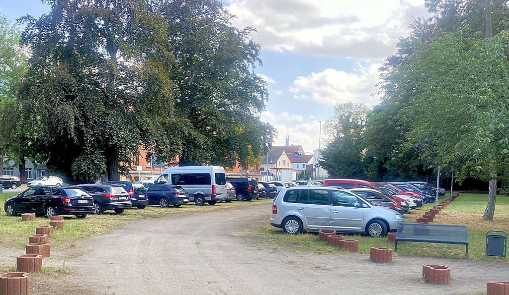 Der Parkplatz auf der Wiese am Tiergarten in Staßfurt wird von Besuchern viel genutzt.