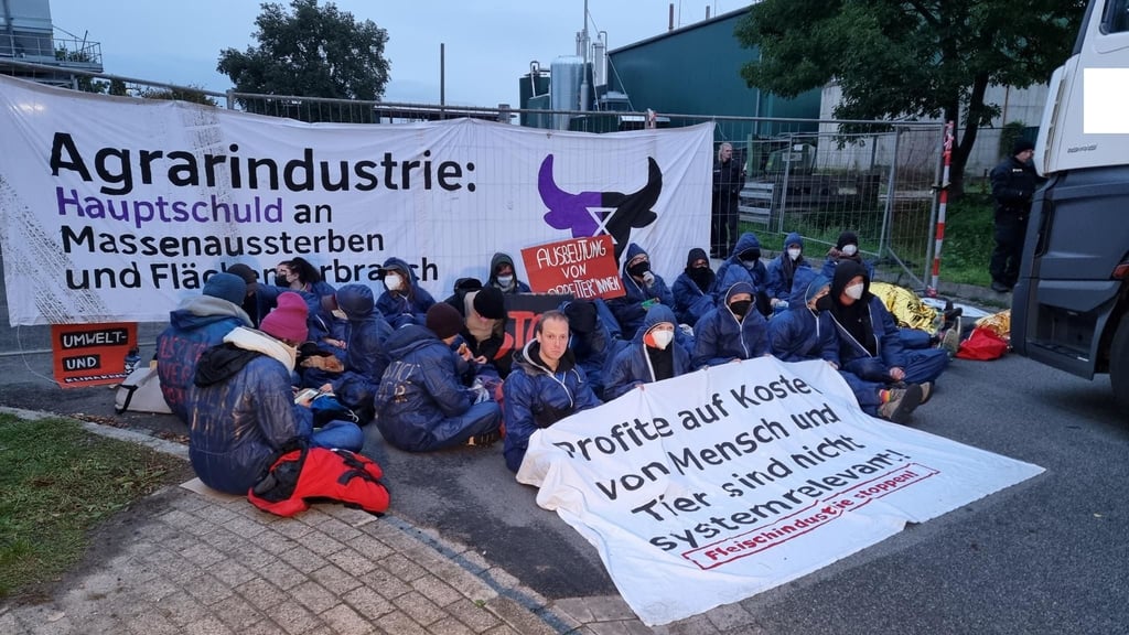 Demonstranten sitzen bei einer unangemeldeten Protestaktion vor einem Betrieb des Schlachtkonzerns Tönnies.