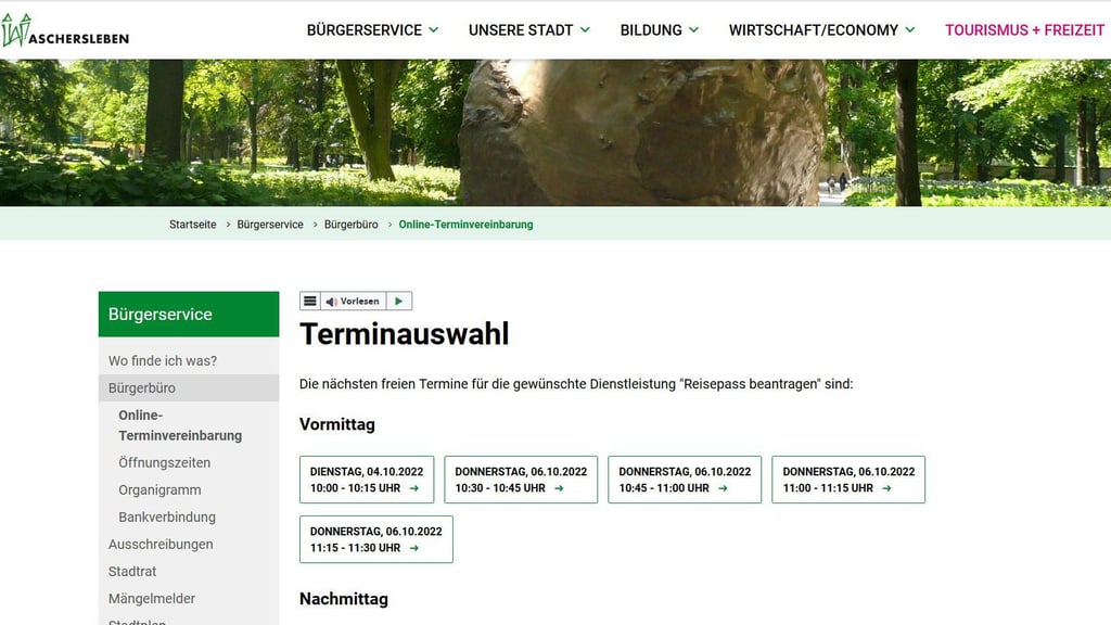 Termine sind auf der Internetseite der Stadt zu vereinbaren.
