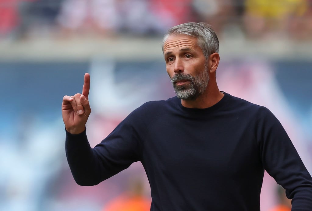 Leipzigs Trainer Marco Rose reagiert am Spielfeldrand.