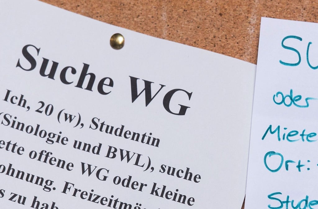 Studenten suchen an einer Universität mit Zetteln an einem Schwarzen Brett eine Wohnung.