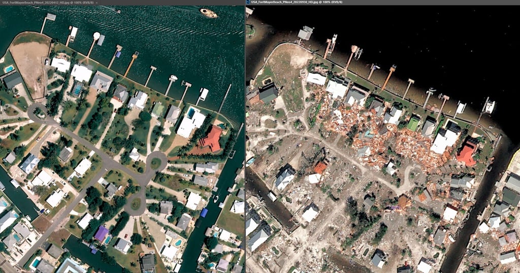 Die Aufnahme zeigt Fort Myers Beach im April und die Zerstörung nach dem Hurrikan „Ian“ im September 2022.