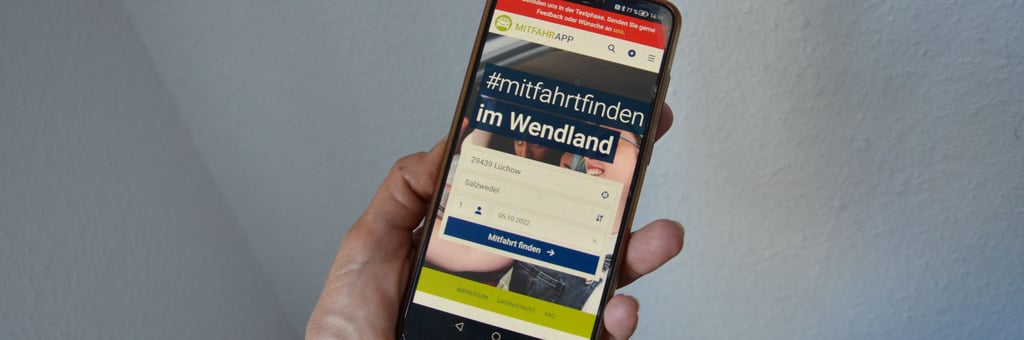 Die Suchmaske der MitfahrApp de Landkreises Lüchow-Dannenberg